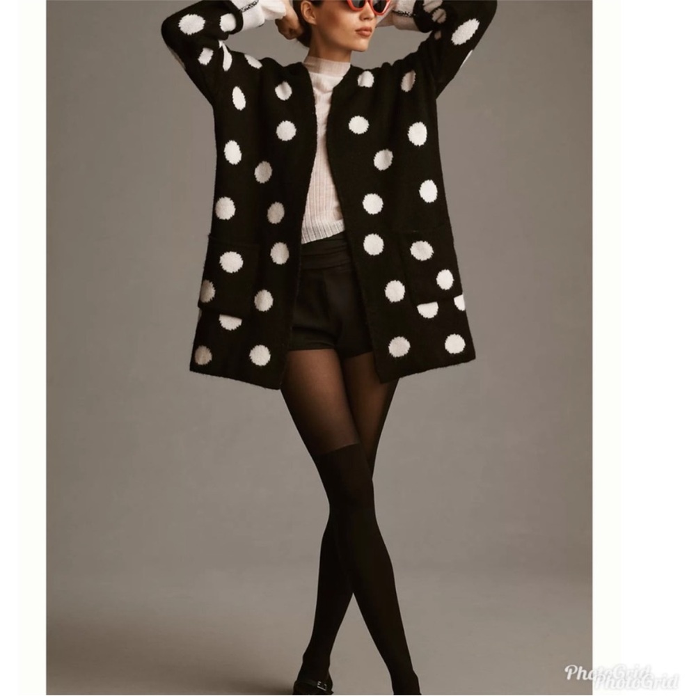 Maeve Black Cardigan with White Polka Dots
